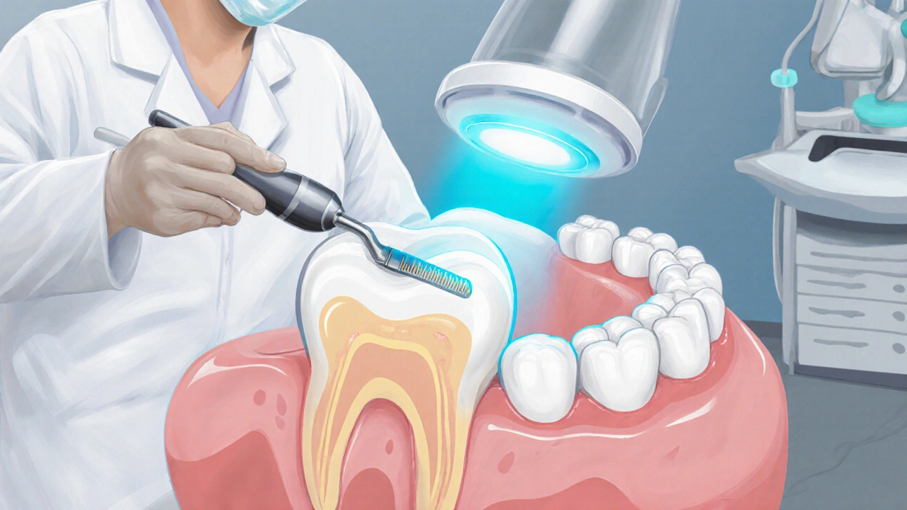 Dentista aplikuje kompozitní výplň na přední zub pod LED lampou.