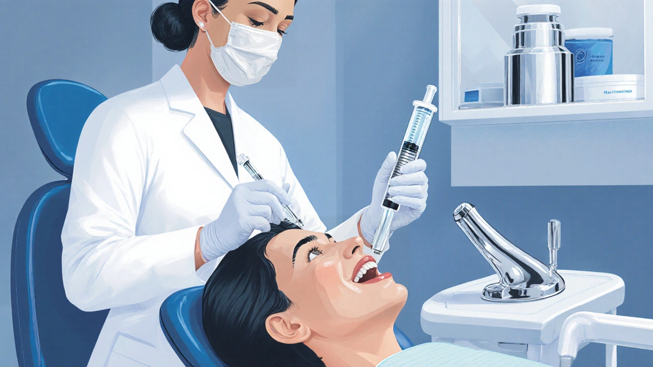 Dentista provádí profesionální bělení a micropolishing na pacientovi.