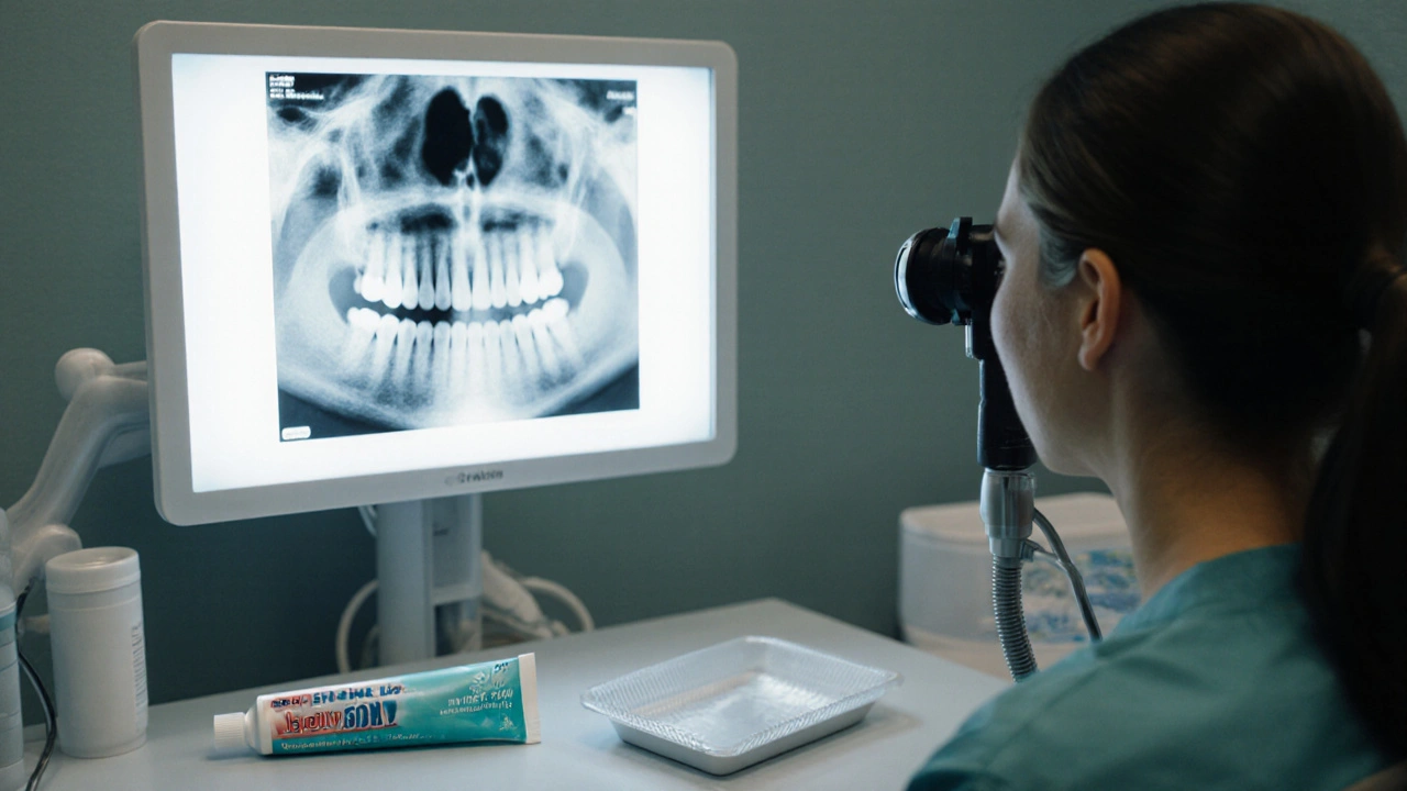Dentista zkoumá zub na rentgenu, vedle stojí bělící pasta.