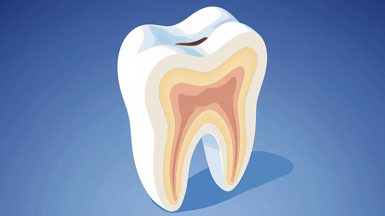 Detailní řez z canina ukazující korunu, kořen, sklovinu, dentin a pulpu.