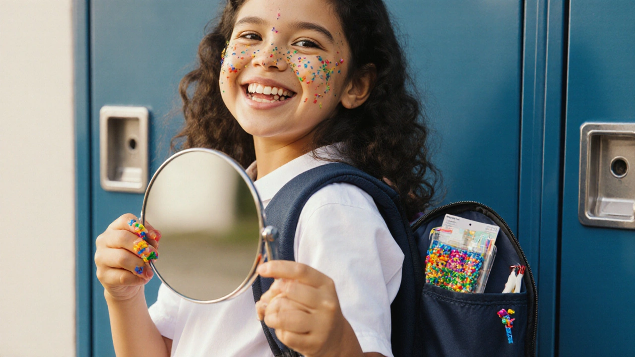 Dítě se usmívá do zrcátka, ukazující barevné gumičky na rovnátkách, batoh otevřený s potřebami.