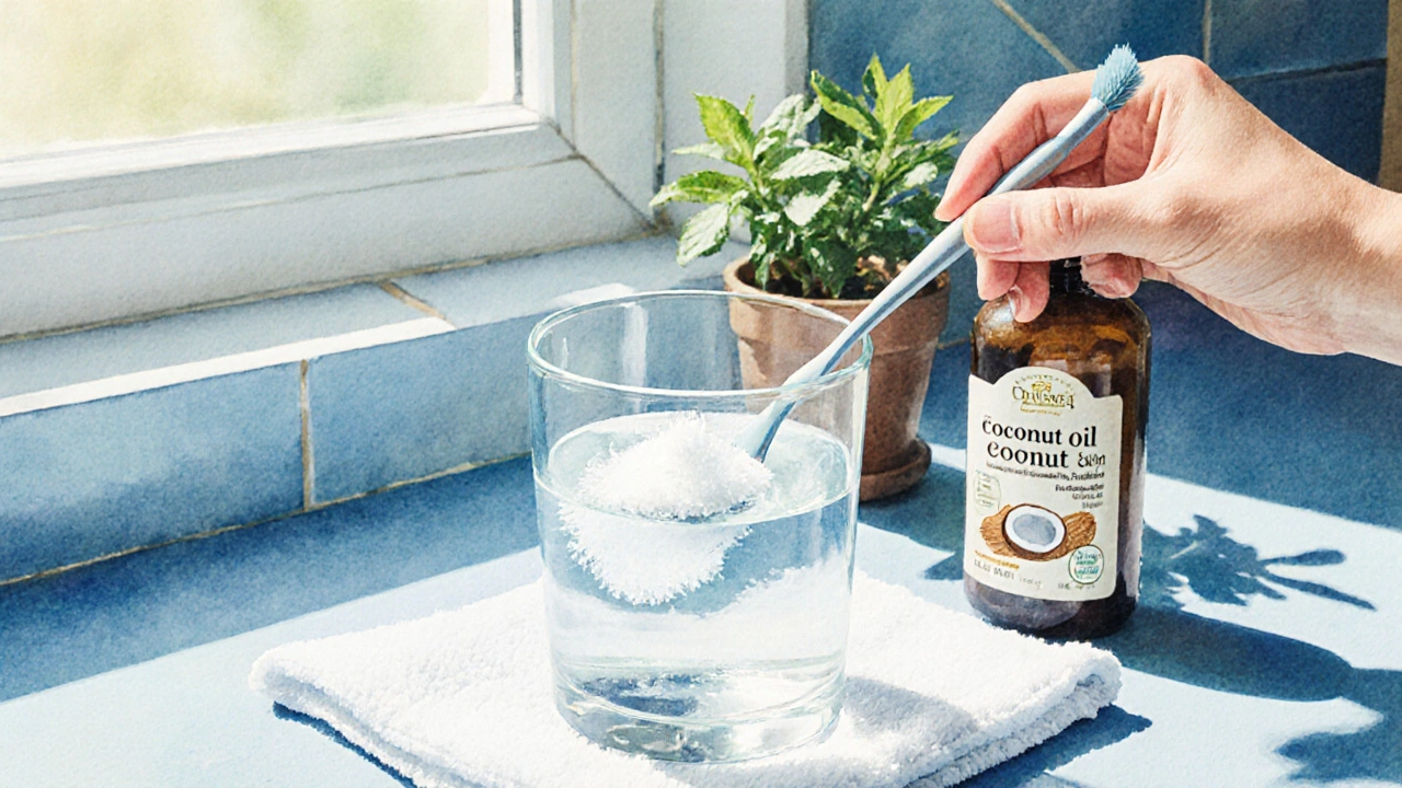 Domácí hygiena: jedlá soda, mezizubní kartáček a kokosový olej.