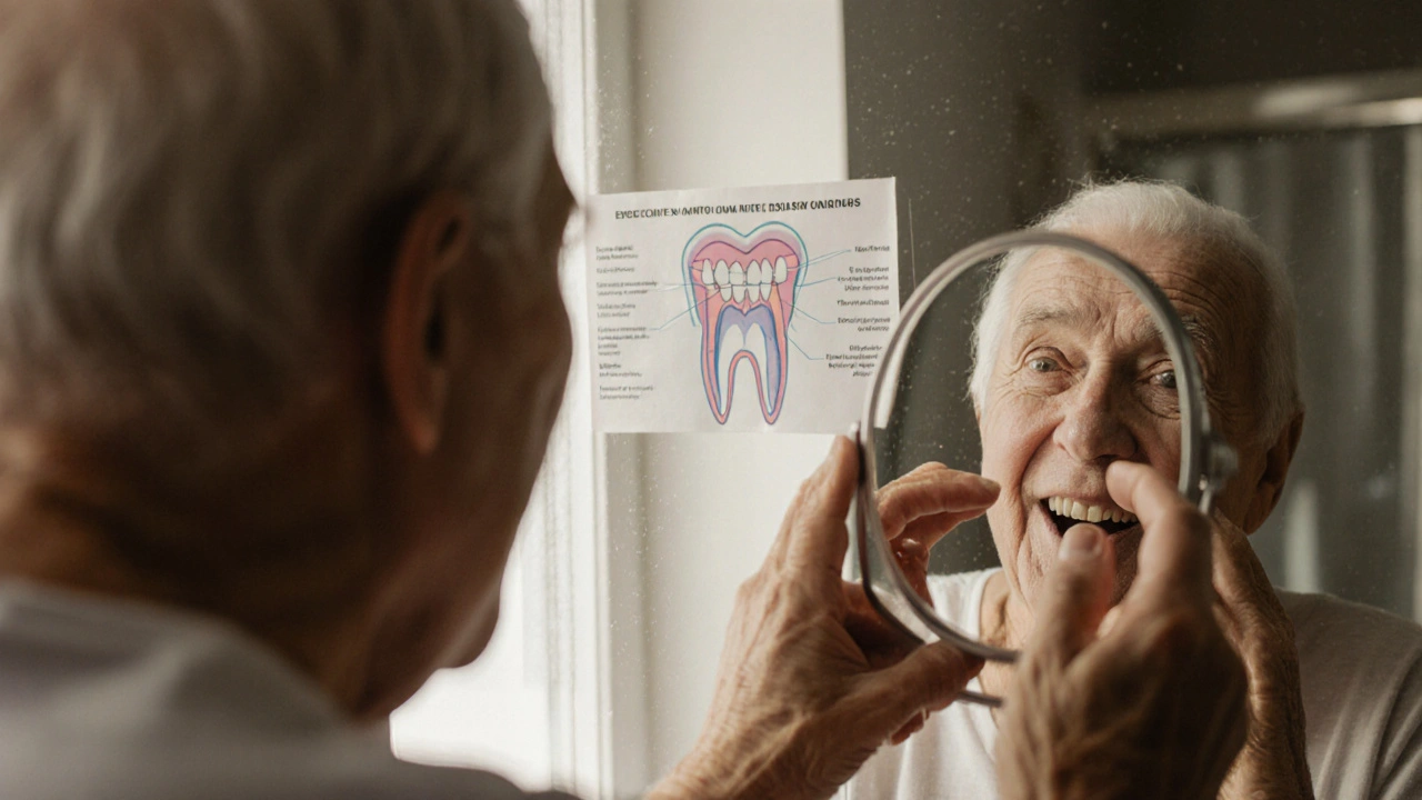 Elderly person examining teeth in bathroom mirror with dental diagram visible behind.