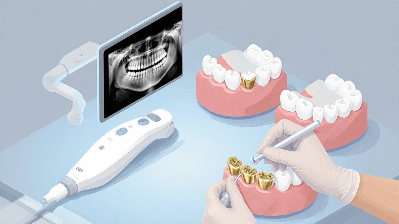 Ilustrace dentálního vyšetření s digitálním rentgenem, skenerem a zobrazením výplně, inlaye a korunky.