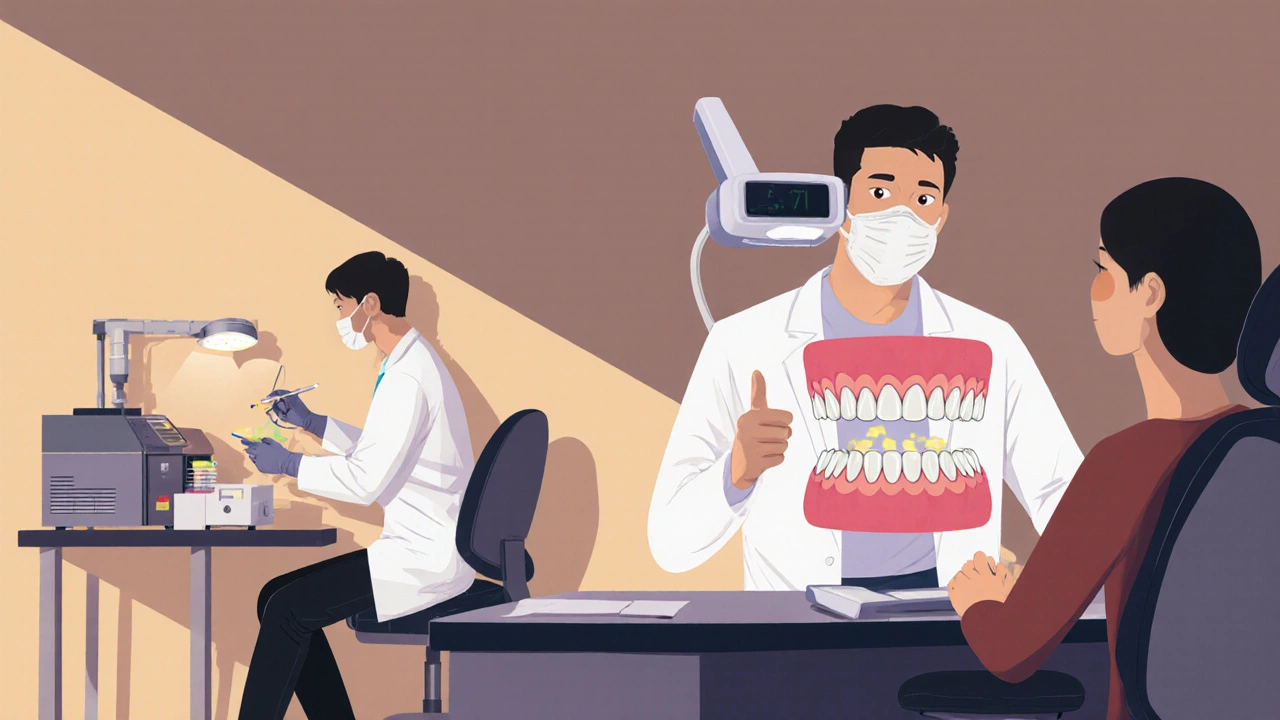 Ilustrace digitálního skenování, laboratoře a konzultace, zobrazující faktory ceny.