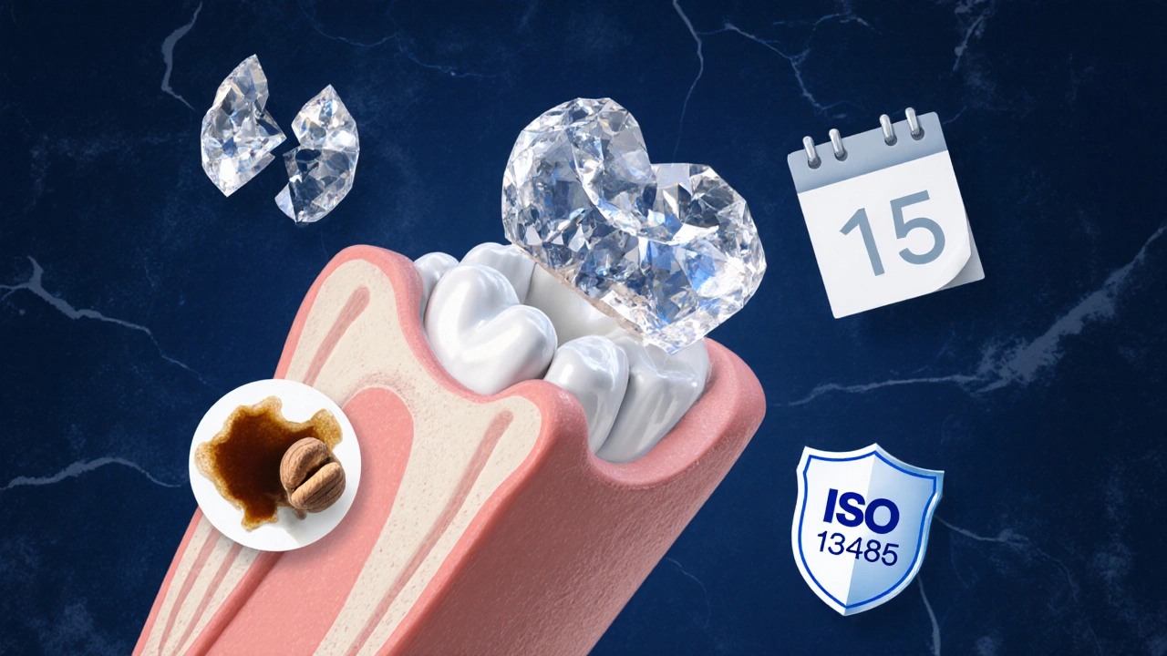 Keramická zubní korunka jako pevná krystalická struktura s ikonami trvanlivosti a bezpečnosti.