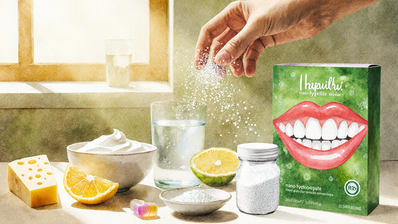 Kuchyňské položky podporující remineralizaci: jogurt, sýr, voda, citrus a xylitolová žvýkačka.