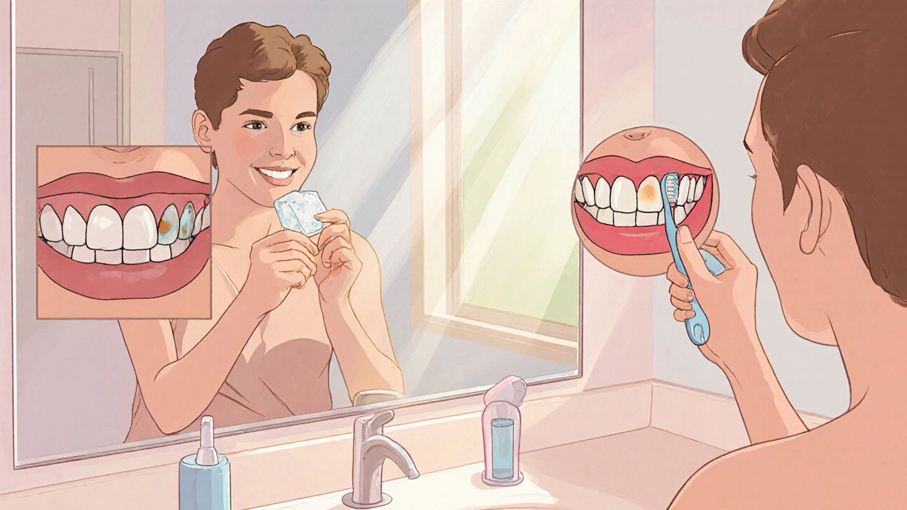 Osoba kontroluje zub před zrcadlem, drží kostku ledu u podezřelého místa.