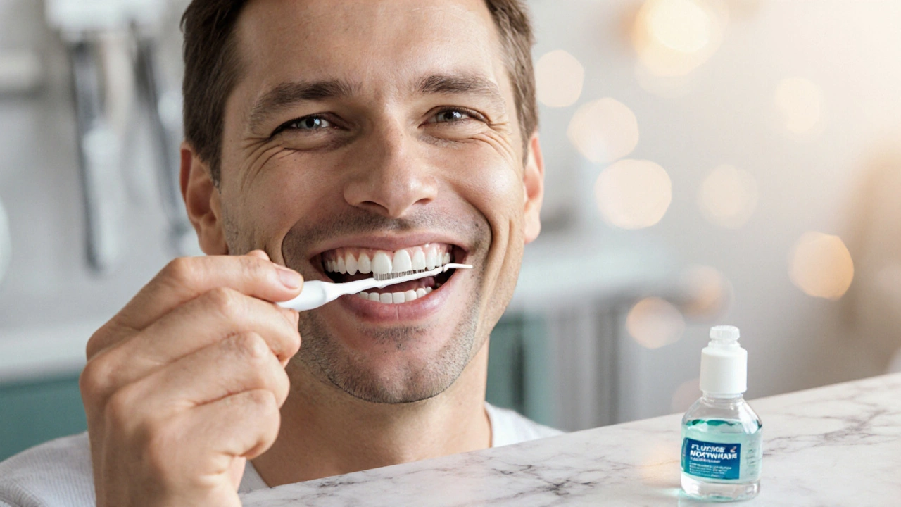 Osoba používá mezizubní kartáček a dentální nit u nově nasazených zubních náhrad.