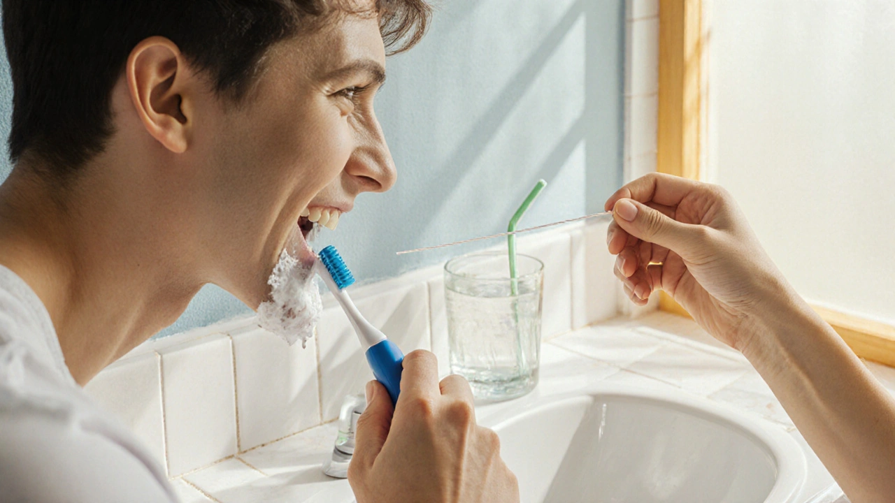 Osoba provádí ústní hygienu – kartáč, nit a pití slámkou.
