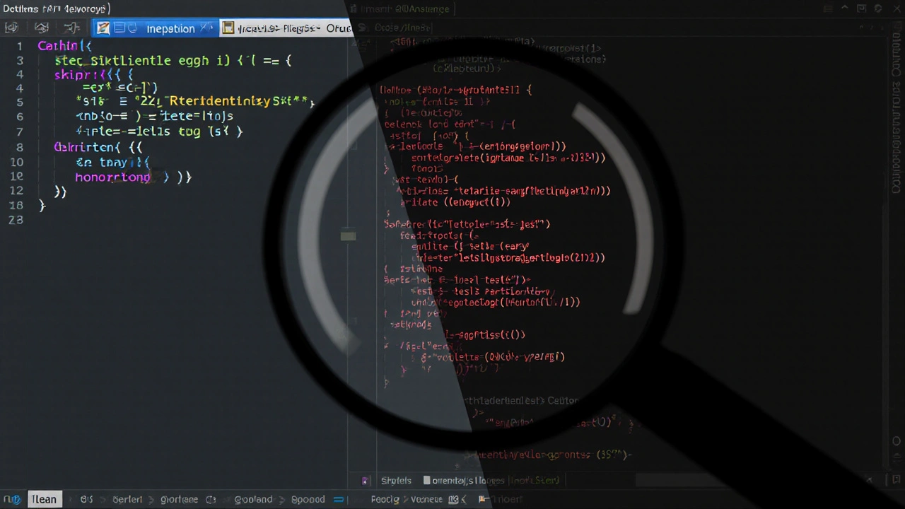 Porovnání čistého a poškozeného kódu s viditelnými skrytými znaky v editoru.