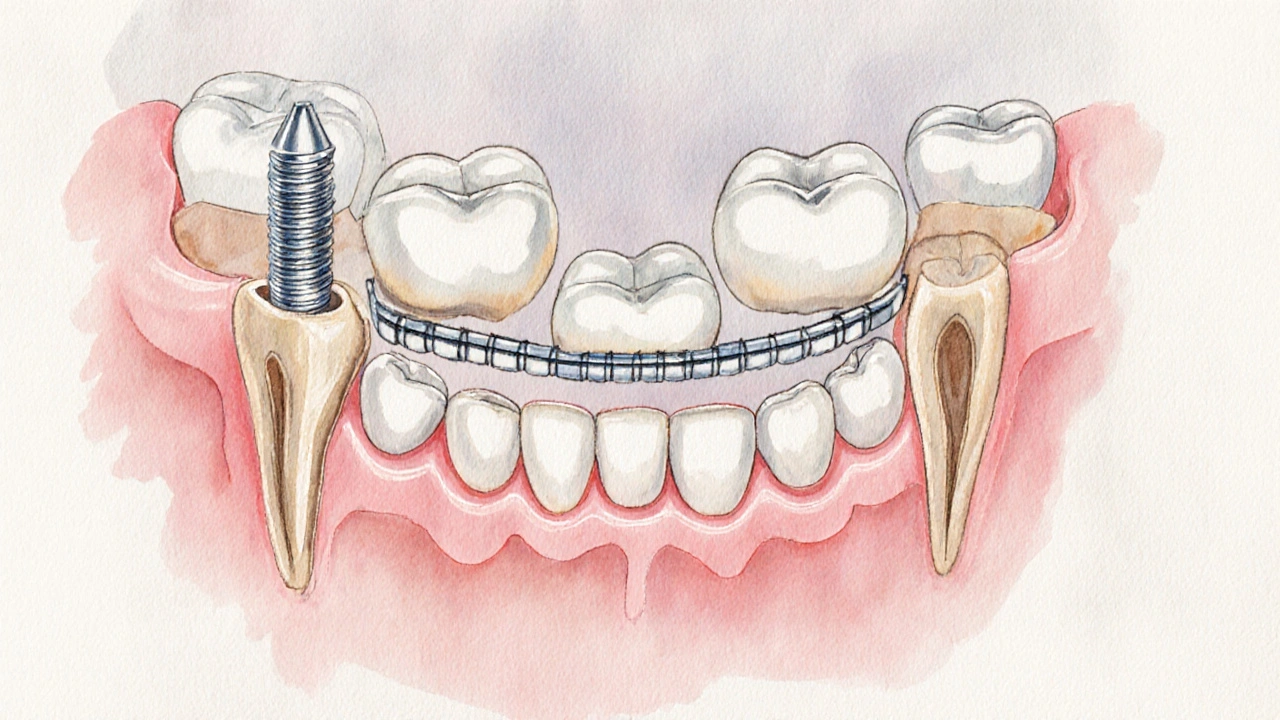 Přehled různých zubních náhrad – implantát, most, kovová a keramická korunka, kompozitní výplň.