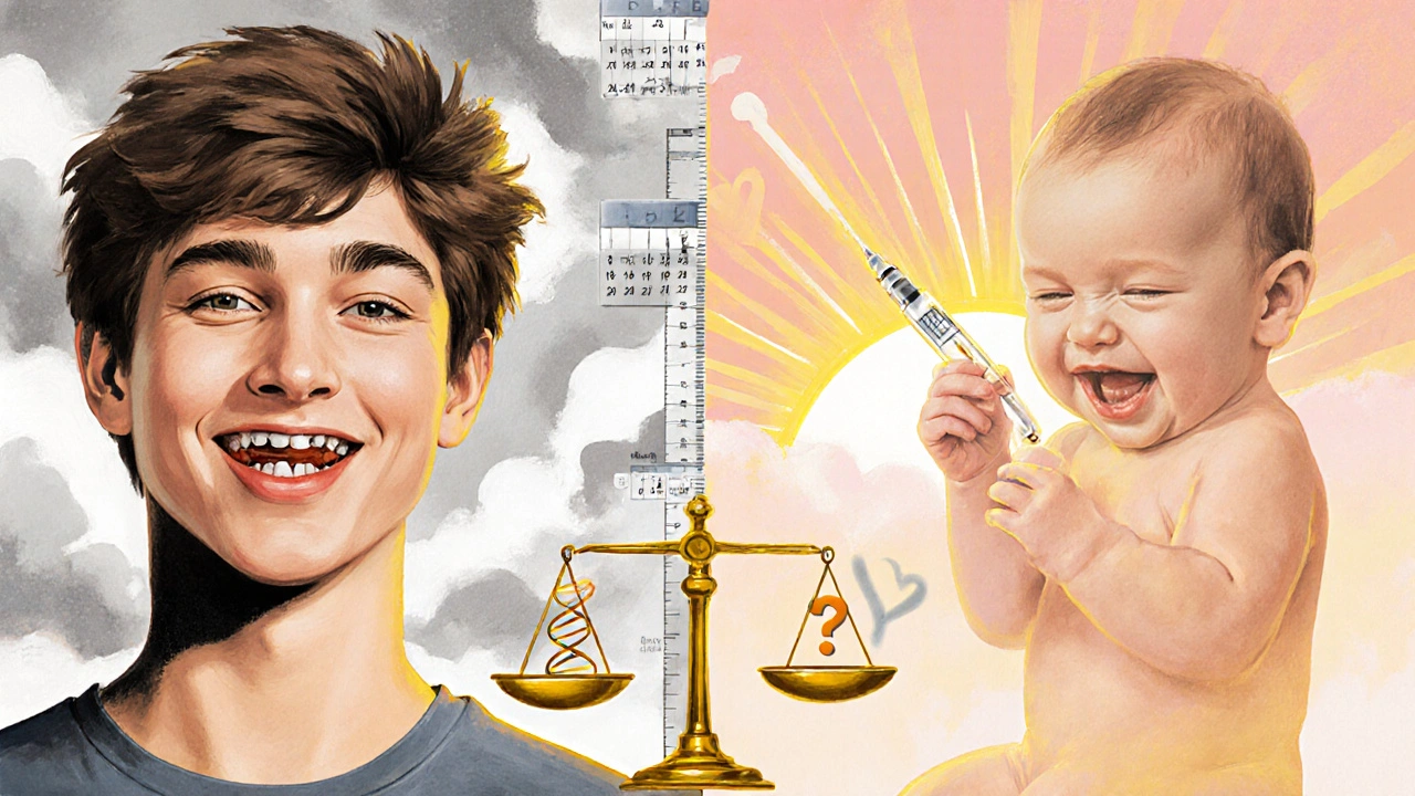 Rozdělený obraz: klasické rovnátka vs. genetický zásah, s váhou etiky a DNA uprostřed.