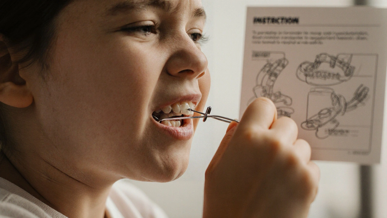 Ruka dítěte přidává pryžovou gumičku mezi zuby s rovnátky, viditelný návod v pozadí.