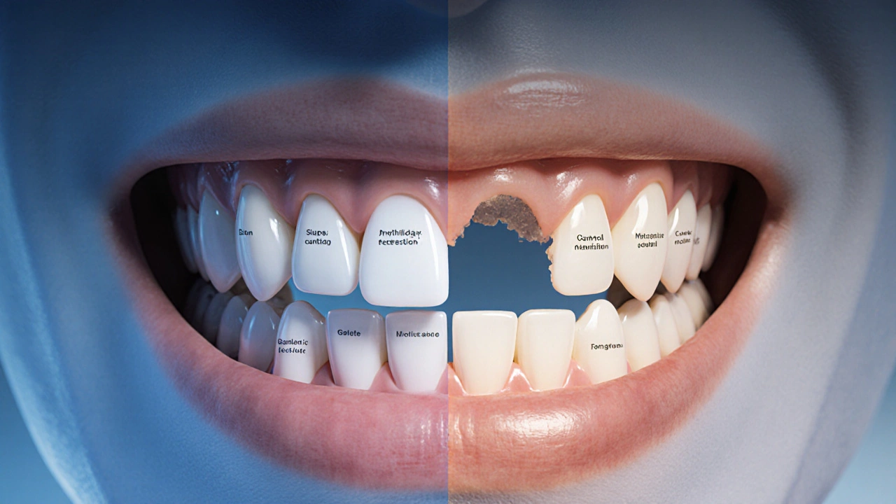 Split image comparing healthy jaw with jaw showing tooth loss and bone recession.