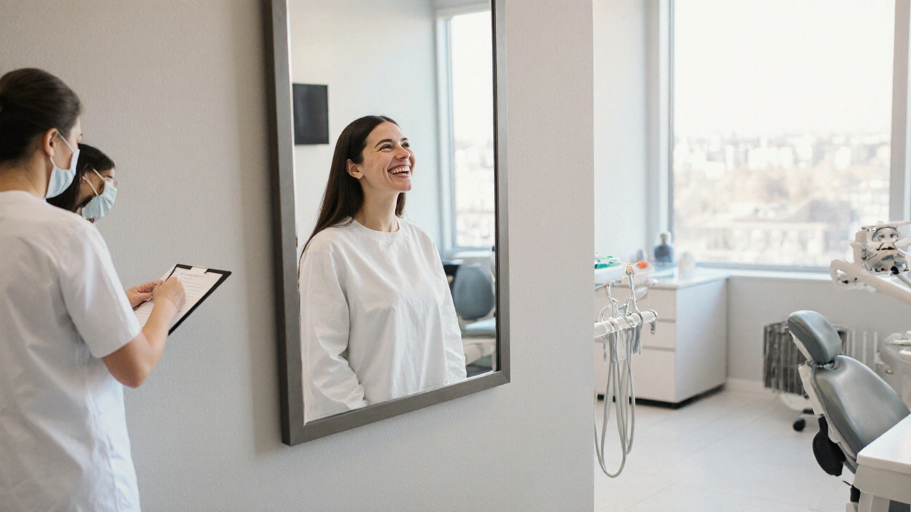 Spokojený pacient s novými fazetami usmívá se před zrcadlem v moderní klinice.