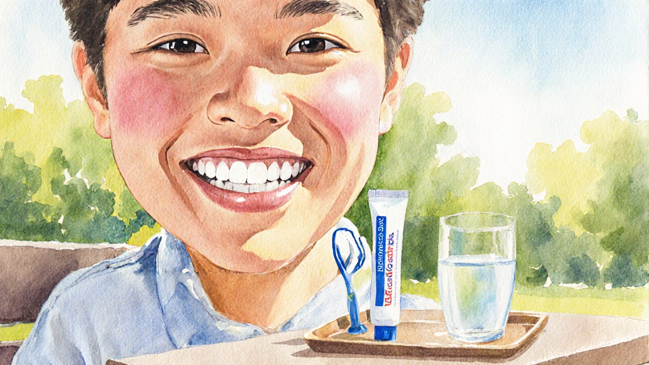 Šťastná osoba s dokonalým úsměvem, zdravými zuby, na slunečné venkovní scéně.