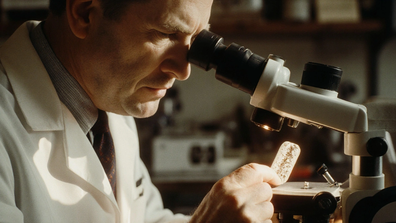 Švédský vědec pozoruje titanový implantát spojený s kostí v laboratoři.