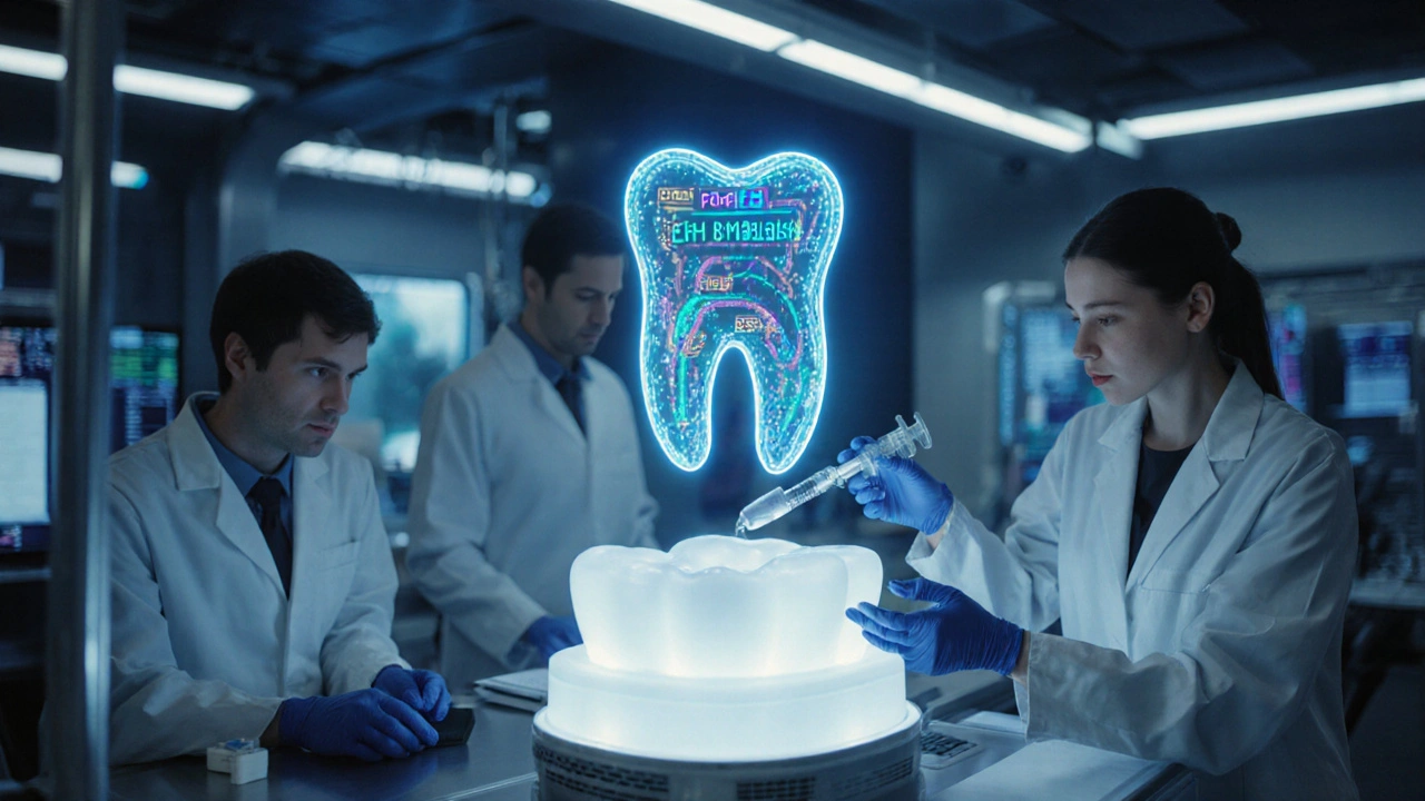 Vědci aplikují upravené kmenové buňky do 3D modelu zubního výběžku v futuristické laboratoři.