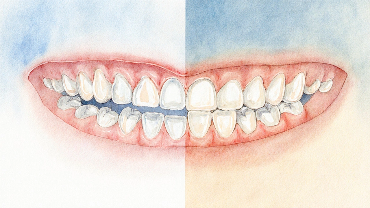 Vnitřní struktury: Dentin tvrdá, ale pružná zeď zubu pod sklovinou a Enamel nejtvrdší lidská tkáň, která pokrývá korunu zubu