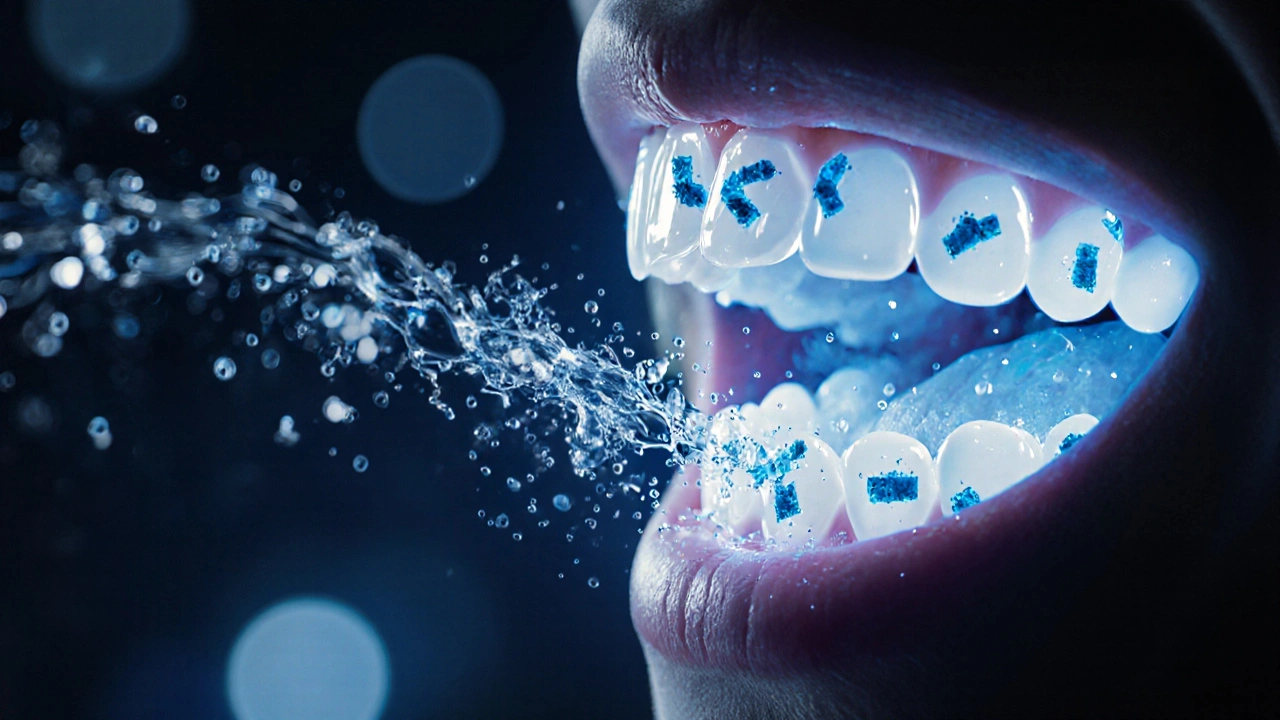 Abstraktní zobrazení bakterií a plaku odstraňovaných proudem čisticích částic v ústech.