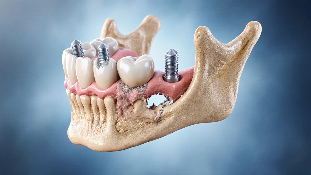 Anatomical illustration of healthy dental implants replacing decayed teeth in a jawbone.