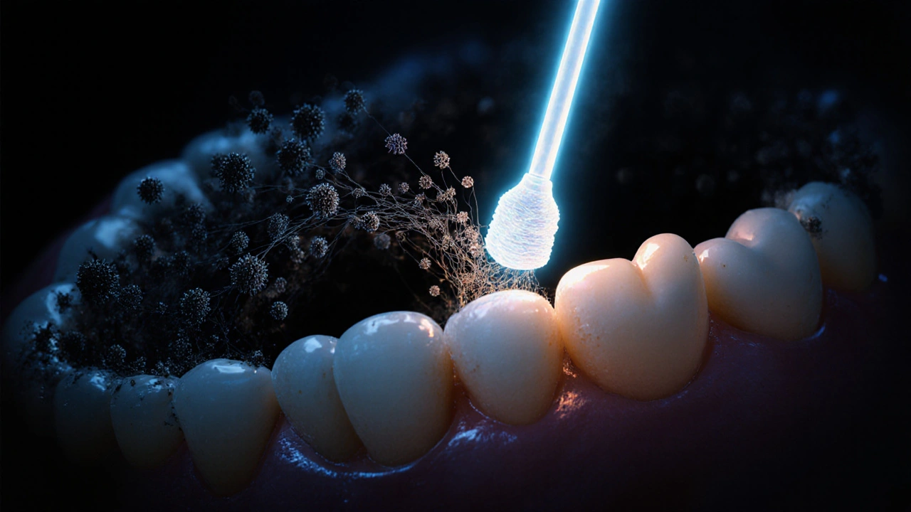 Bakterie tvoří kazu mezi zuby, zatímco nit ničí biofilm.