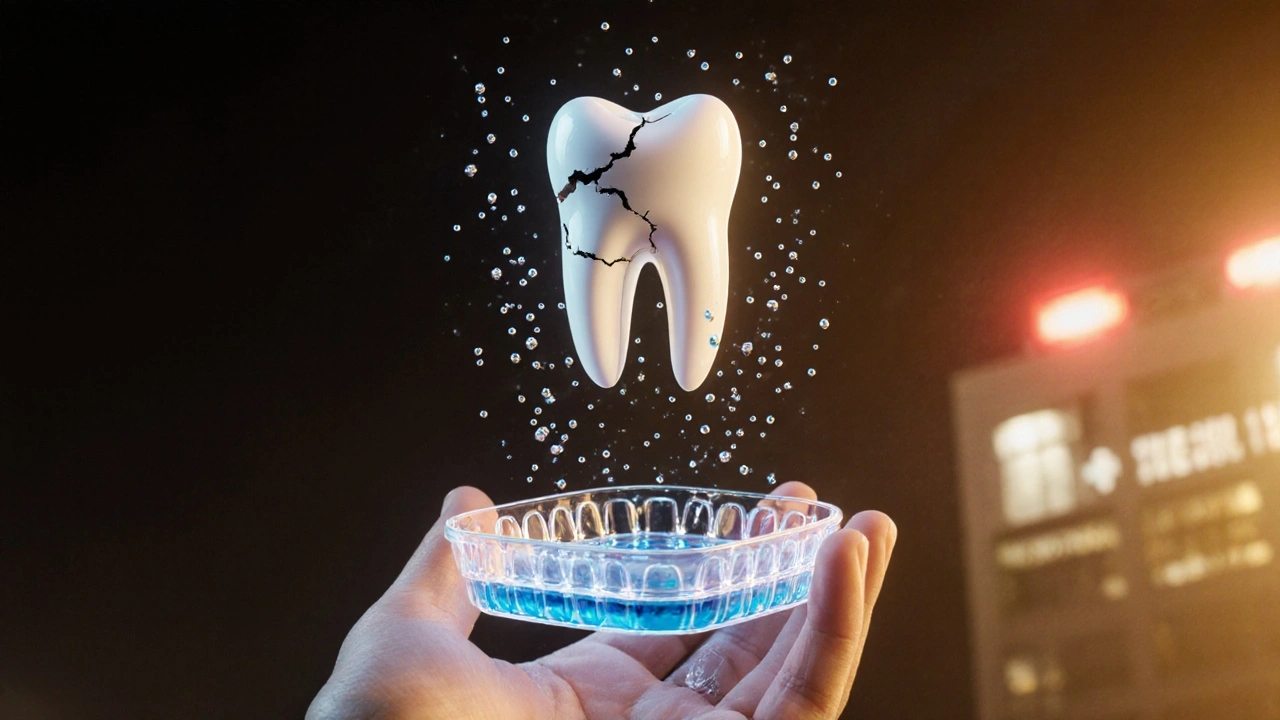 Bílý zub poškozený peroxidem vodíku, s porovnáním bezpečného bělícího prostředku a nemocnice na pozadí.