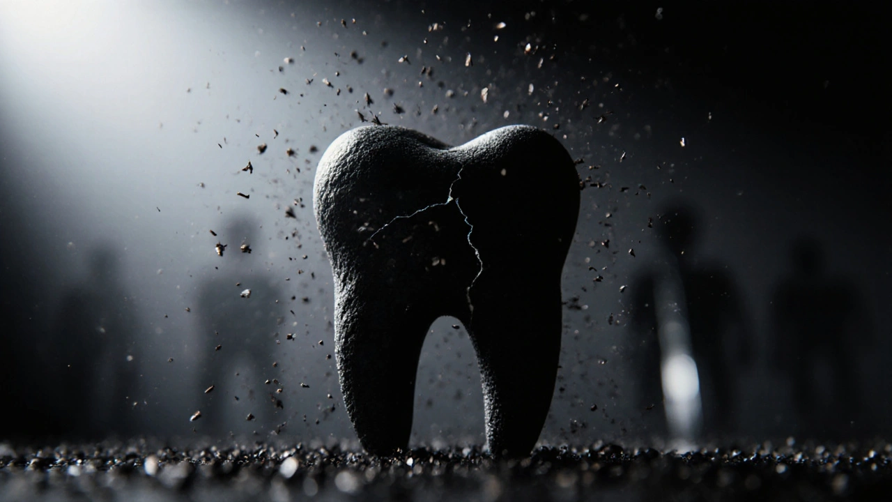 Černý kaz s viditelnými částicemi rozkladu zubní tkáně.