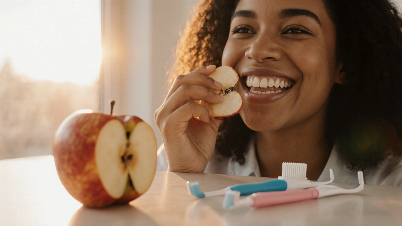 Člověk se usmívá, jí jablko zadními zuby, přední korunky jsou nepoškozené.