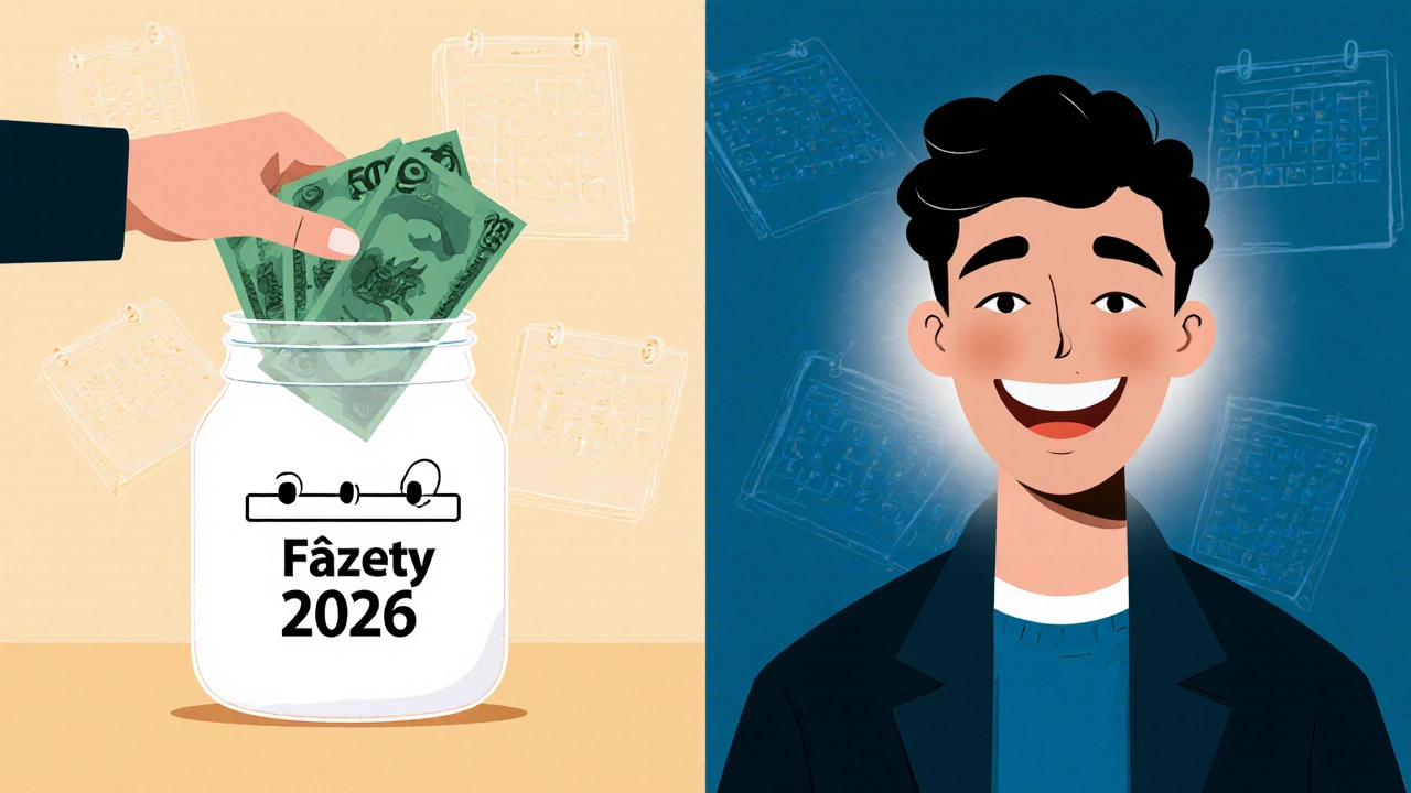 Člověk ukládá peníze do bankovní nádoby s nápisem &#039;Fazety 2026&#039;, později se směje s dokonalým úsměvem.