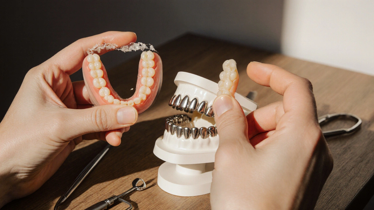 Contrast between a loose denture and fixed ceramic crowns on a dental model.