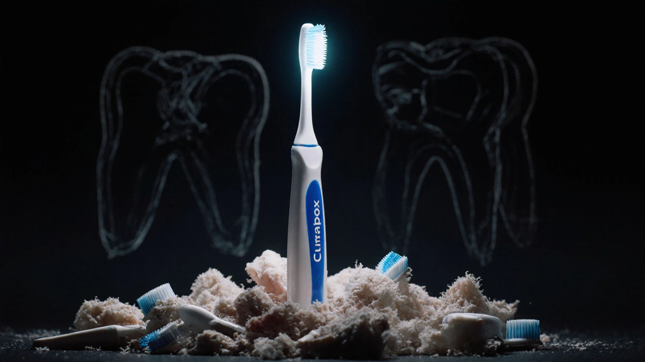 Curaprox kartáček stojí vedle zničených běžných kartáčků, symbolizující trvalou ochranu zubů.