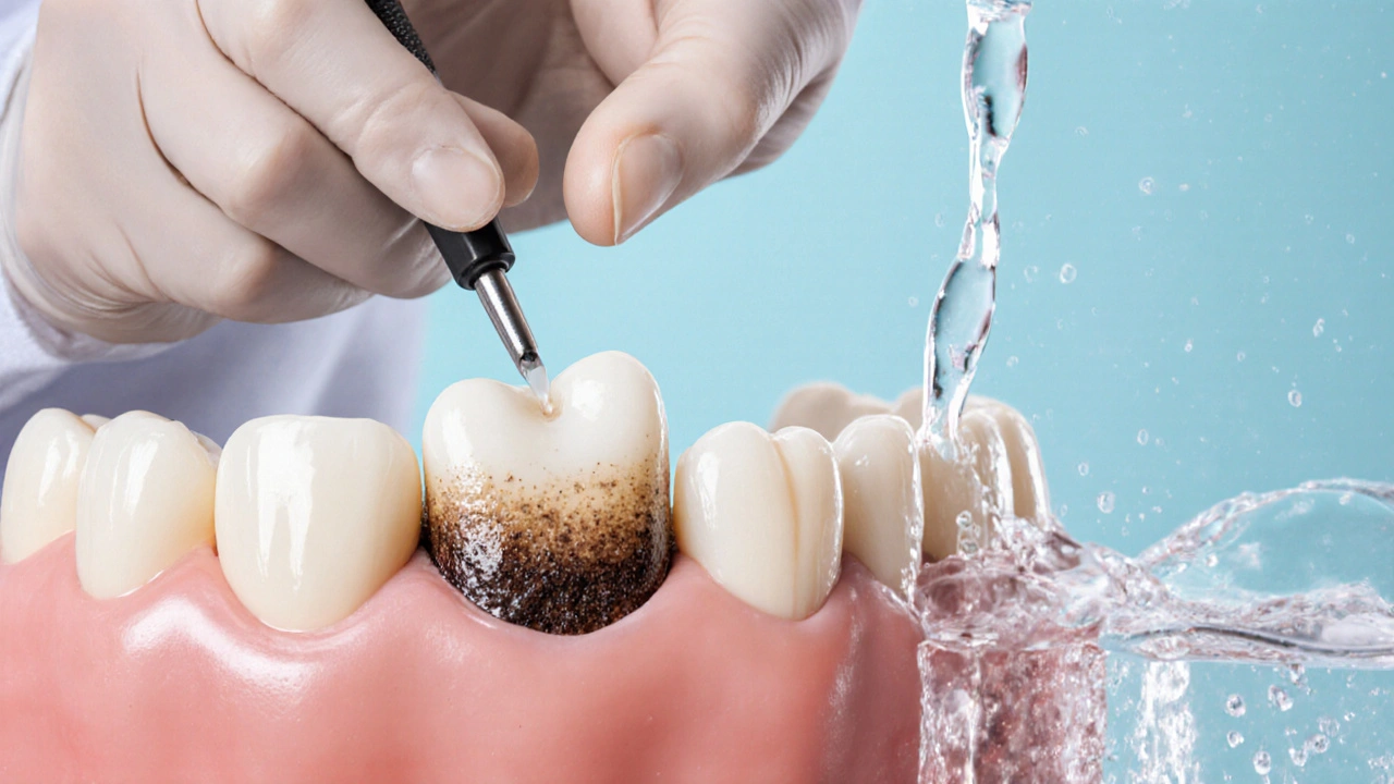 Dentista opatrně znovu přilepuje odleptanou fazetu pomocí profesionálních nástrojů.