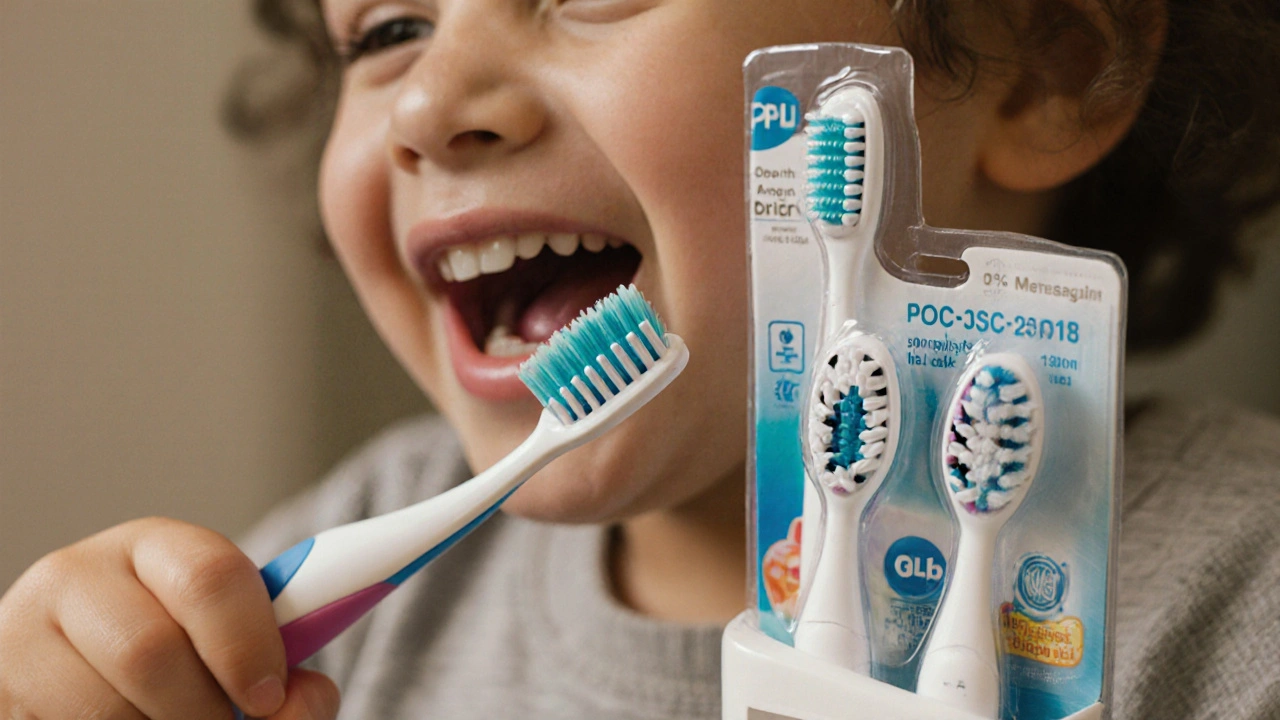 Dítě čistí zuby, vedle leží opotřebovaná hlavice a balíček náhradních hlavic s označenými daty.