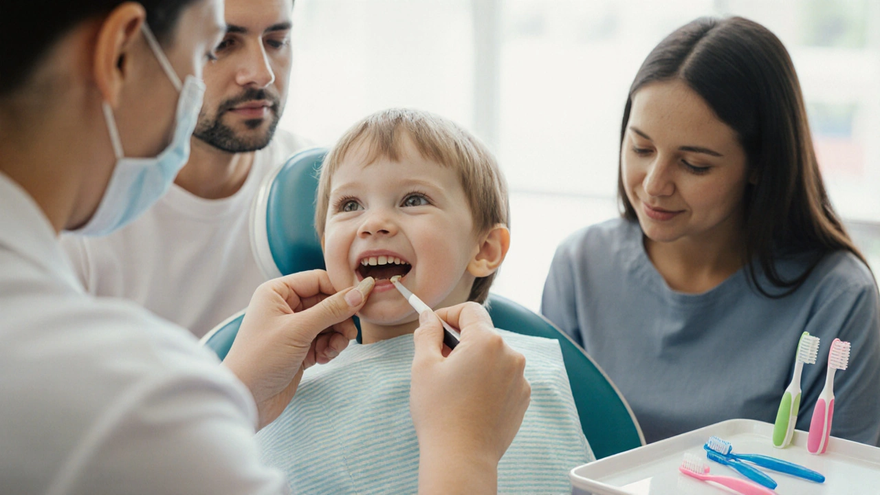 Dítě dostává fluoridový povlak na zuby během první návštěvy zubaře s rodiči v pozadí.