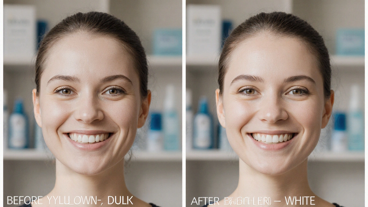 Dva portréty úsměvu před a po bělení zubů Opalescence.