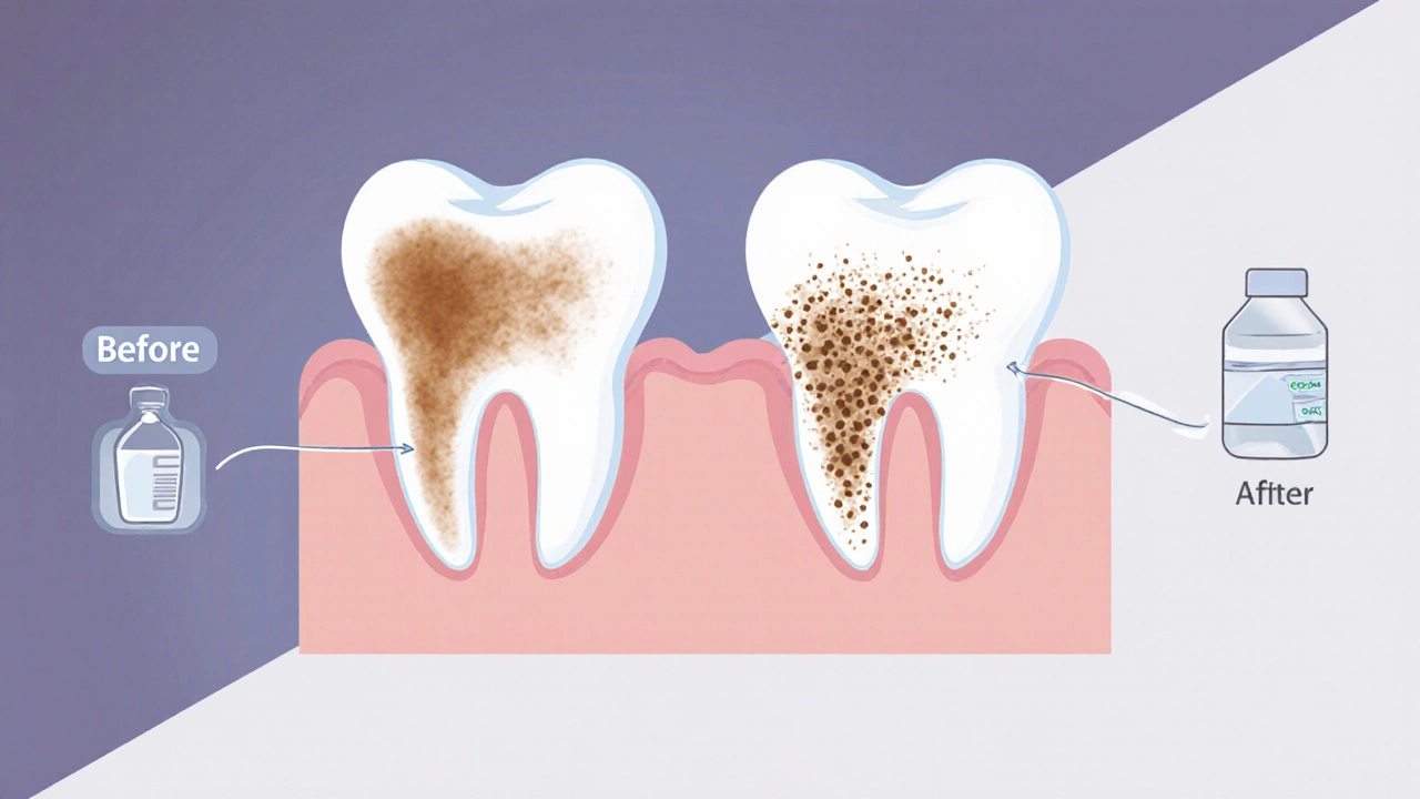 Dva zuby vedle sebe: jeden se skvrnami, druhý čistý, s mikroskopickými částicemi odstraňujícími nečistoty.