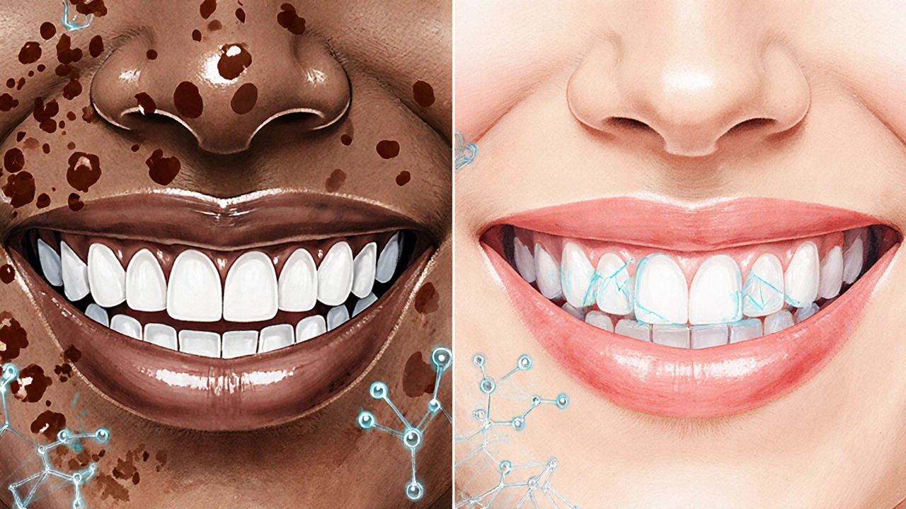 Dvě sady zubů: jedny tmavé od kávy a čaje, druhé světlejší po bělení.