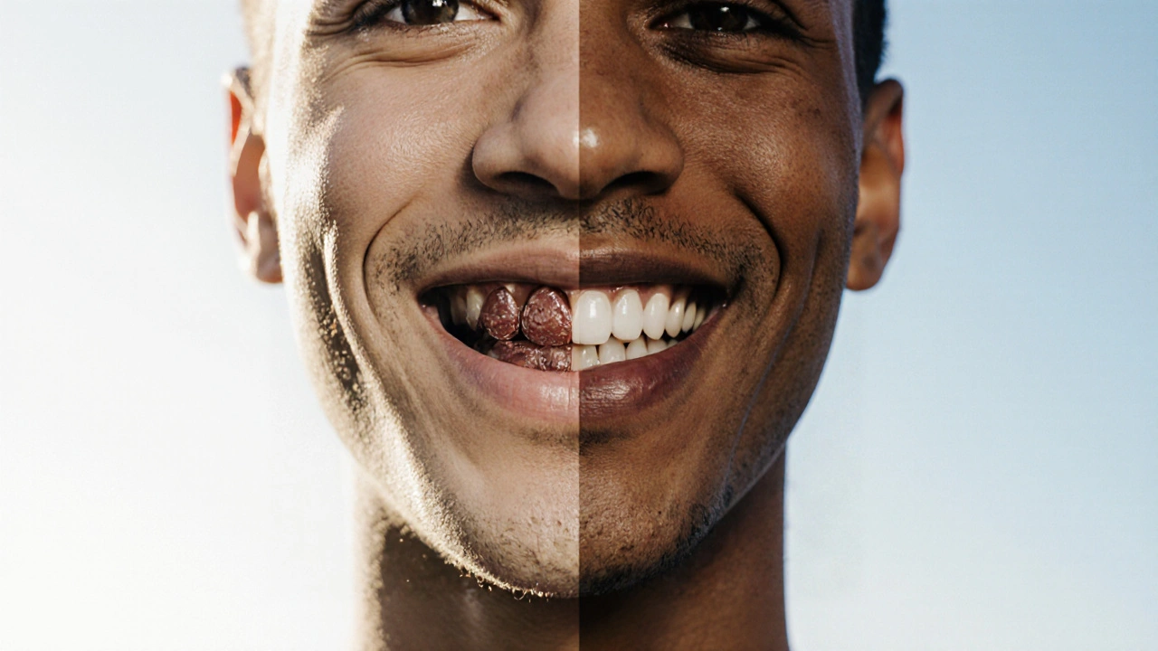 Dvě strany jednoho obrazu: tmavé, nekvalitní zuby a jasně bílé, dokonalé fazety.