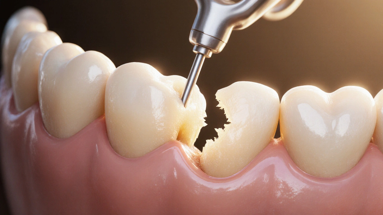 Fractured tooth with metal post and ceramic crown being fitted after root canal.