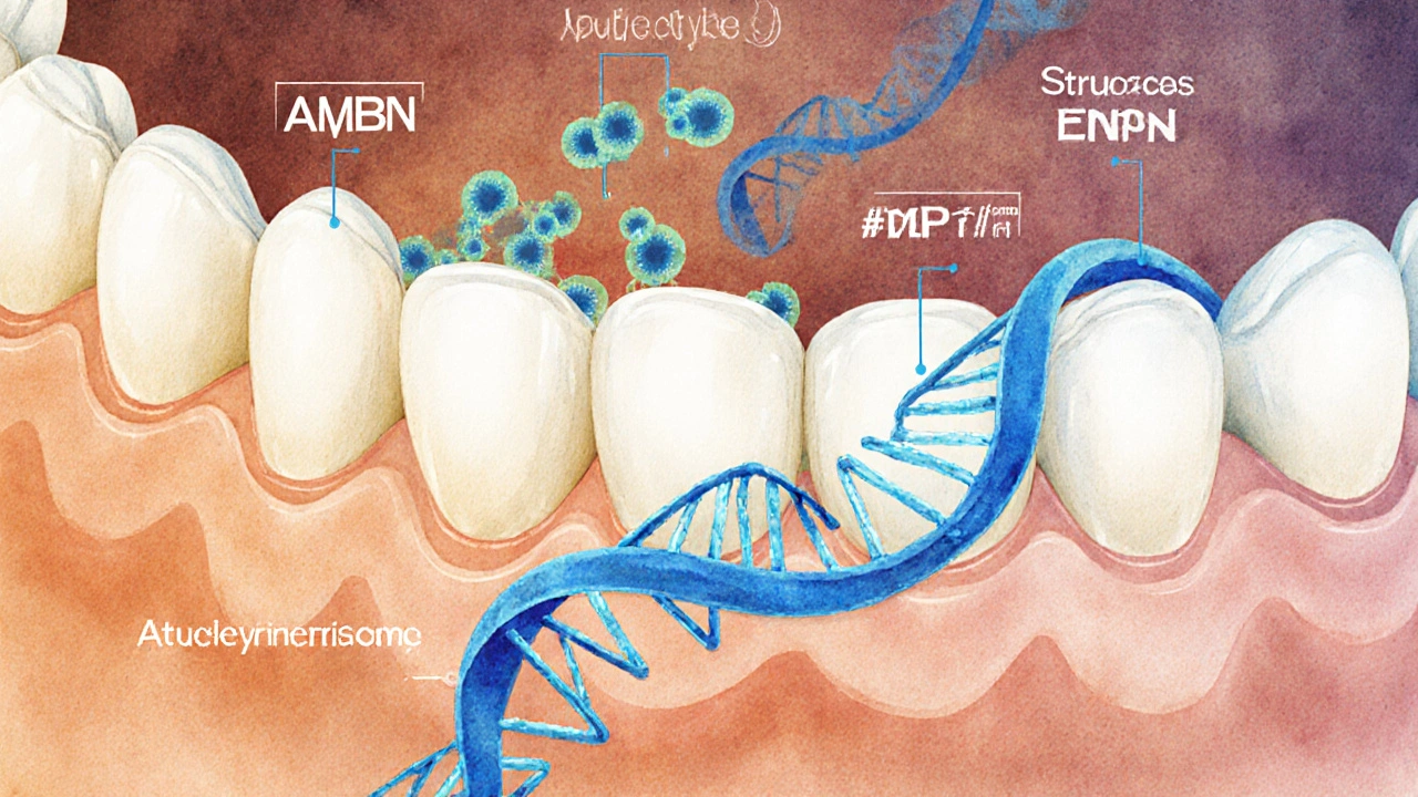 Genetický kód spojený s anatomy zubu a bakteriemi mezi zuby, symbolizující dědičnou predispozici kazu.