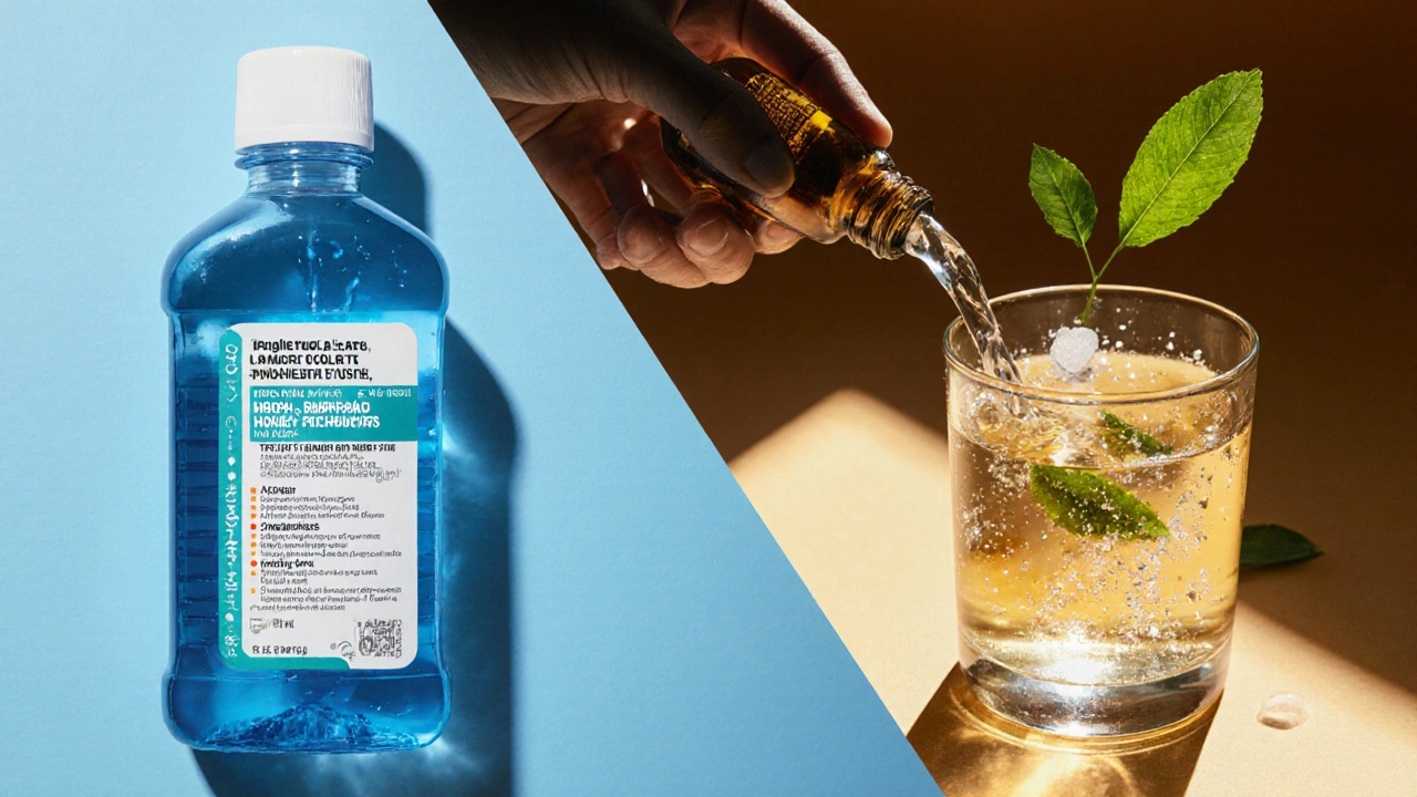 Kontrast mezi chemickou a přírodní ústní vodou na stole.