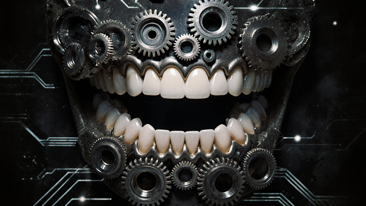 Mechanický systém v podobě čelisti, kde každý zub je znázorněn jako součást ozubeného kola s konkrétní funkcí.