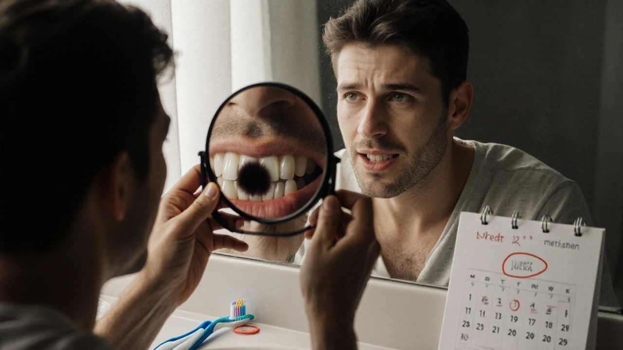 Muž dívající se do zrcadla s černou skvrnou na zubu v odrazu.