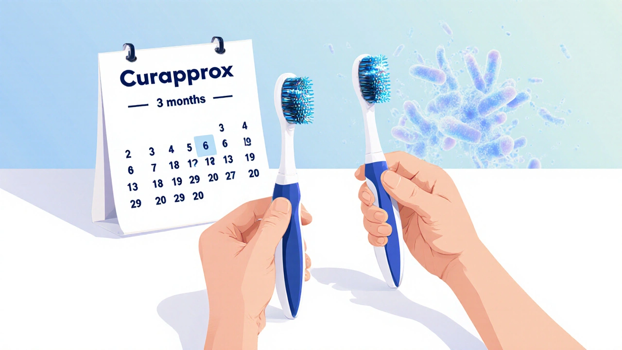 Nová a stará hlavice zubního kartáčku vedle sebe s kalendářem označujícím 3 měsíce používání.