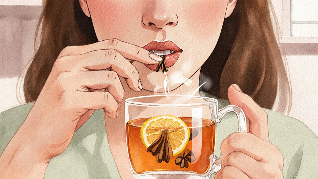 Osoba vyplachuje ústa přírodní ústní vodou v klidném domácím prostředí.