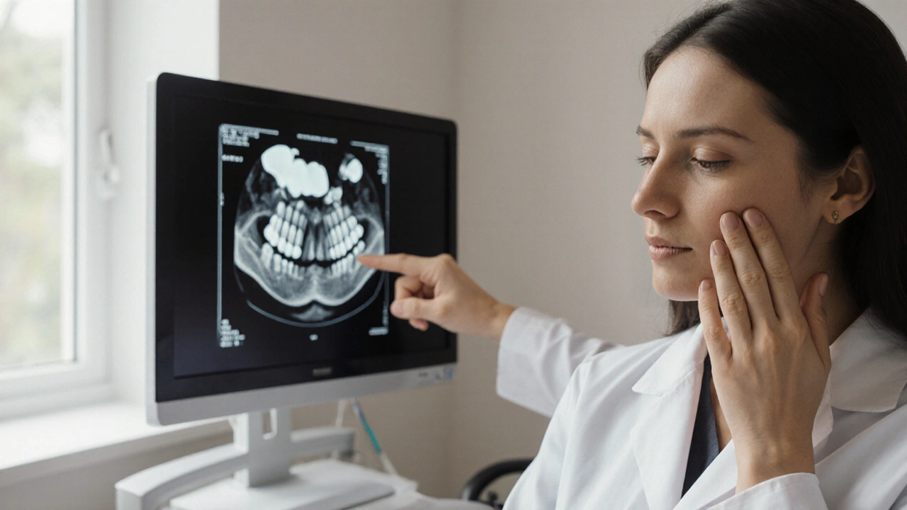 Pacient s 3D rentgenem implantátu v zubní klinice