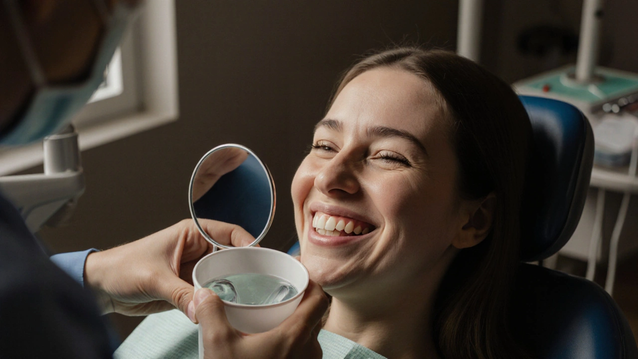 Pacient se usmívá do zrcadla po ultrazvukovém čištění, zubní lékař mu podává vodu.