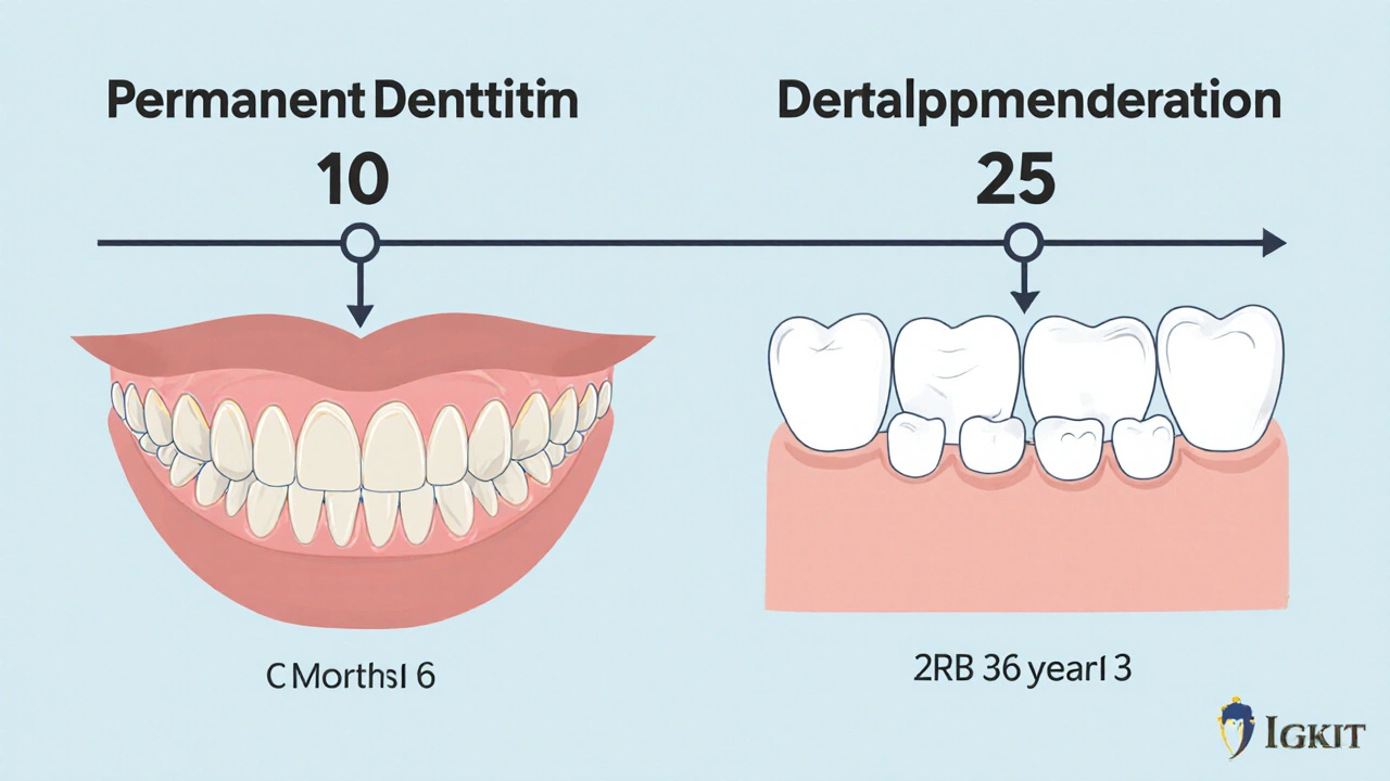 Porovnání mléčné a trvalé zubní soustavy s časovým vývojem výrůstku zubů od dětství k dospělosti.